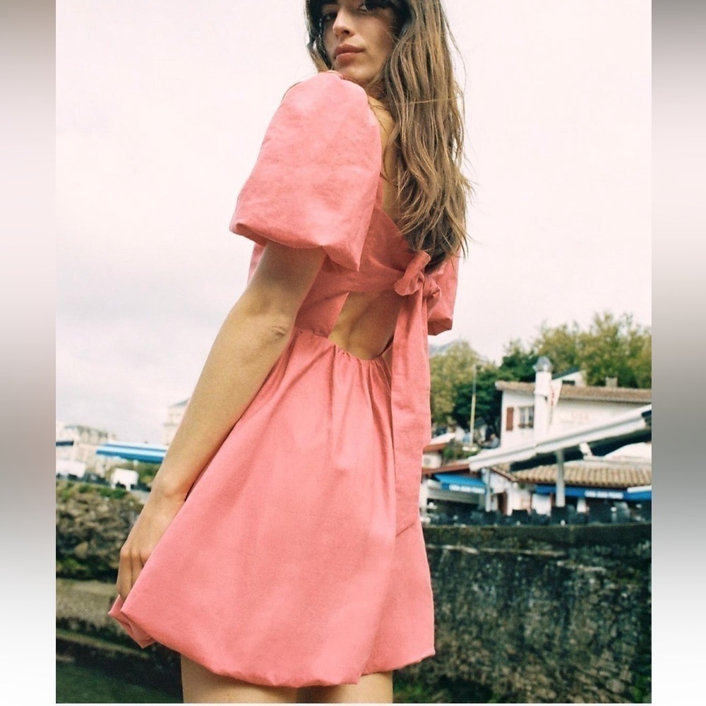 Zara NWT linen blend bow mini dress pink 8334/351